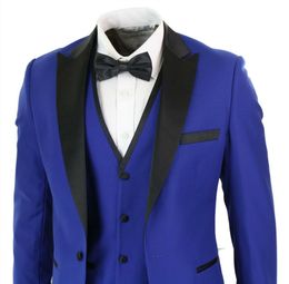 Blue Men Wedding Suits Slim Fit One Button Black Satin Notched Lapel Tuxedos Formal Work Prom Office Business Blazer(Jacket+Vest+Pants)