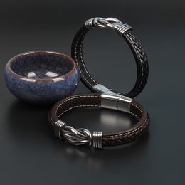 New Genuine Wide Leather Jewellery Unique Knot Shape Men Bracelets Magnet Buckle Male Wrap Birthday Party Bracelet Gift