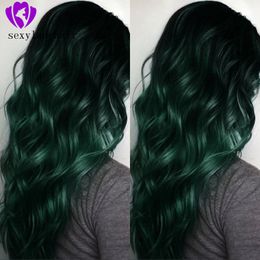 Natural Wave brazilian hair full wig Black Roots Ombre green Synthetic Lace Front Wigs High Temperature Fibre Cosplay Wigs For Women Wigs