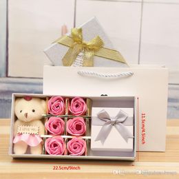 Romantic Rose Soap Flower With Bear Doll Jewelry Box 6 Rose 1 Bear 1 Box Valentine Day Wedding Birthday Mother's Day Party Gift BC BH1