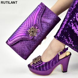 African purple wedding shoes and Bag Set with Italian Metal Decoration and Elegant PU Material for Women