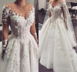 A Line Wedding Dresses Sheer Jewel Neck Long Sleeves Lace Appliques 3D Flowers Beaded Plus Size Court Train Tulle Bridal Gowns Wed Dress Wed