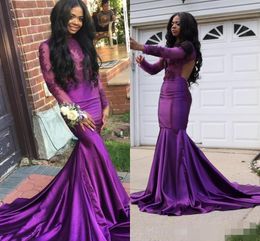 2019 Purple Long Sleeves Prom Dresses Lace Applique Mermaid Sexy Backless Jewel Neck Sweep Train Illusion Custom Made Evening Formal Gown