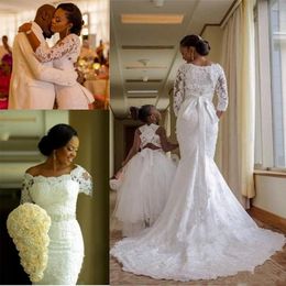 2019 Mermaid Long Sleeves Lace Wedding Dresses Plus Size Nigerian Arabic African Bridal Gowns Robe de soriee