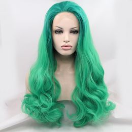 Long Body wave Green Synthetic Lace Front Wig Heat Resistant Fibre Synthetic Wig with baby hair blenchd knots For Women