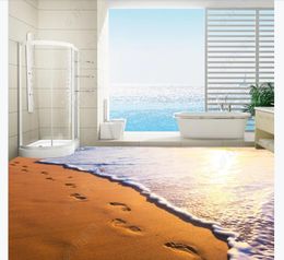 Custom 3D self-adhesive floor mural wallpaper interior decoration Twilight beach footprints bathroom 3D waterproof floor stickers