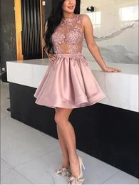 2020 Blush Pink Lace Short Homecoming Dresses Sheer Cap Sleeve See Though Top Draped A-line Prom Cocktail Party Dress Vestidos De Festia