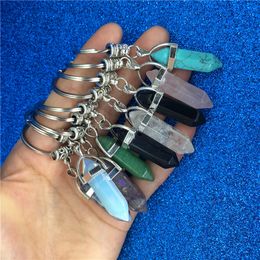 Chakra Hexagon Prism Natural Stone Keychain Key Ring Crystal Pillar Holders Handbag Hangs Fashion Jewellery Gift