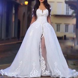 -2020 árabe branco elegante fora do ombro vestidos de noiva com overskirt manga longa laço vestidos de bola de casamento nupcial com trem destacável
