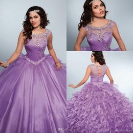 New Lilac Purple Quinceanera Dresses Jewel Neck Cap Sleeves Crystal Beading Ball Gown Puffy Sweet 16 Tiered Ruffle Party Prom Evening Gowns