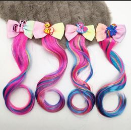 Cartoon Print Unicorn Hair Bows With Tails Tassel For Kids Girls Long Hair Clips Colorful Wig Party Hair Accessories 50pcs 0902