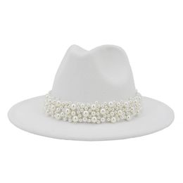 -2020 Frauen Wide Brim Imitation Wollfilz Fedorahüte Mode Kirche Partei Weibliche Anlasshut Perlen-Band-Dekor White Hat