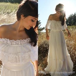 Beach Bohemian Romantic Lace Wedding Gowns Pleats Applique Off Shoulder Sweep Train Boho Country Bridal Dress Custom Made