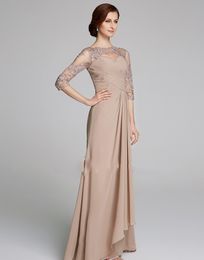 Modest Champagne Mother of the Bride Dresses Plus Size Ruched Lace Applique A Line Chiffon Wedding Guests Dress Mothers Formal Gow2853