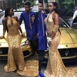 African Sexy Gold Sequined Cheap Prom Dresses 2022 Keyhole Neck Mermaid Long Open Back Evening Gowns BC3515