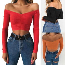 Autumn New Solid V Cut off Shoulder Long Sleeve Crop Tops Women 2019 Knitted Smocked Wrap Basic Skinny Bodice Short T Shirt