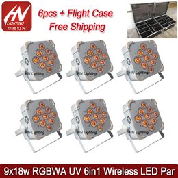 6pcs battery power par light 9X18W 6in1 RGBAW+UV led flat freedom par50 up lights wedding djs uplighting with a charging case