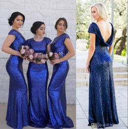 Sexy Country Sequins Bridesmaids Dresses Summer Beach Jewel Backless Maid of Honor Gowns Mermaid Cap Sleeve Wedding Guest Gowns