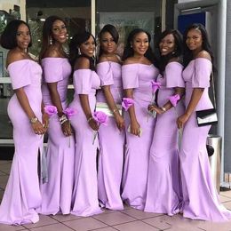 2020 Cheap Off the Shoulder African Lavender Mermaid Bridesmaid Dresses with Short Sleeves Satin Sweep Train Cheap Wedding Guest Dresses