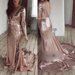 Pink Sequin Evening Dresses v-neck Backless Slit Mermaid Robe De Soiree Dubai Saudi Arabic Prom Dress vestidos