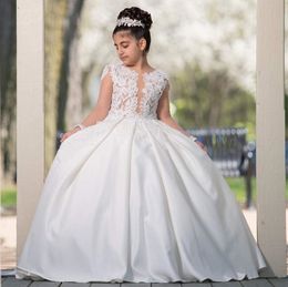 Fashion Beaded Lace Ball Gown Flower Girl Dresses For Wedding Plunging Neck Pageant Gowns Long Sleeves Satin Backless First Communion Dress