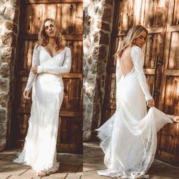 Dresses Bohemian Mermaid Backless Lace Appliqued Bridal Gowns Long Sleeve Deep V Neck Boho Country Wedding Dress Robe De Marie