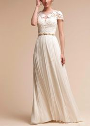 Setwell Womens' White Ivory Jewel A-line Beach Wedding Dress Short Sleeves Pleated Lace Chiffon Bridal Gown With Belt