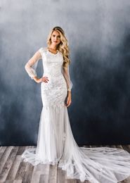 2019 Spitze Meerjungfrau bescheidene Brautkleider mit langen Ärmeln U-Ausschnitt Illusionsärmel religiöse Frauen LDS Brautkleider mit Ärmeln