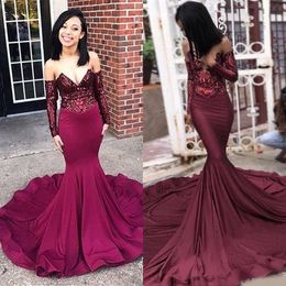 2022 New Sexy Burgundy Sequins Mermaid Prom Dresses Cheap Long Sleeves African Black Girls Evening Dresses BC1222