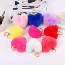 Heart Ball Pom Pom Keychain Fluffy Faux Rabbit Fur Pompom Key Chains Women Bag pendant Jewelry Key Chains Party Gift