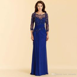 Novos vestidos de noite azul royal vintage de alta qualidade Aplique Chiffon Prom Party Party Event Vestido Mãe da Noiva Vestido