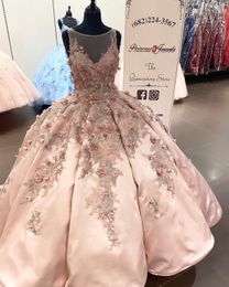 Pink Lace Sheer Neck Quinceanera Prom Dresses Sexy Hand Made Flowers Satin Evening Party Sweet 16 Dress ZJ179