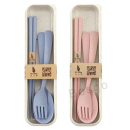 3pcs Eco Friendly Wheat Straw Dinnerware Sets Candy Color Student Tableware Kits Travel Portable Cutlery Set Chopsticks Fork Spoon BC BH2757