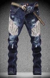 Men's Jeans Fashion-sequin Male Eagle Wings Embroidery Stitching Sequins Hole Jeans Slim Pants Ribbed Robin Jeans