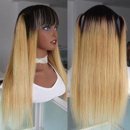 Drak Roots Honey Blonde Straight Wig With Bangs For Black Women Cheap Malaysian Remy Human Hair Non Lace Wig Full 1B 27 Coloured Glueless Wig