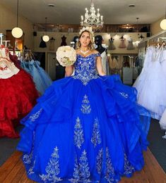 Stunning Blue Applique Quinceanera Dresses Ball Sleeveless Off Shoulder Sweet 16 Plus Size Girl Prom Party Dress Formal Gowns Sweep Train