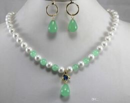 Jewellery free 12680 Fashion 8mm White/Light Green Pearl/Jade Necklace Earring Pendant Jewellery