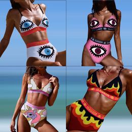 Summer Bikini Big Eye Printed Novelty 2 Pcs/set Swimwear Swim Suit Women Spaghetti Strap Sleeveless Crop Top And High Waist Short Pants 123