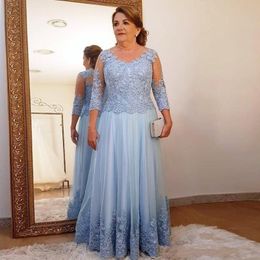 Plus Size Light Sky Blue Mother Off Bride Dresses Lace Appliques Beaded 3/4 Long Sleeves Floor Length Women Formal Mothers Gowns