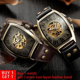 Shenhua 2019 Vintage Automatic Watch Men Mechanical Wrist Watches Mens Fashion Skeleton Retro Bronze Watch Clock Montre Homme J190706