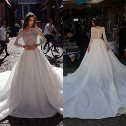 luxury generous hot sell bridal dresses jewel long sleeves appliqued sequins beads wedding gown court train custom made robes de marie