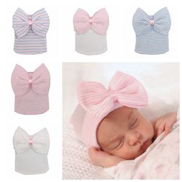 Newborn Big Bow Hats Baby Crochet Knit Caps Infant Skull Beanie Winter Warm Striped Ribbon Bowknot Tyre Cap 8style RRA2224