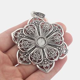 antique silver trays UK - 2pcs Antique Silver Large Filigree Flower Pendants for Necklace Jewelry Findings with 10mm Blanks Tray Settings