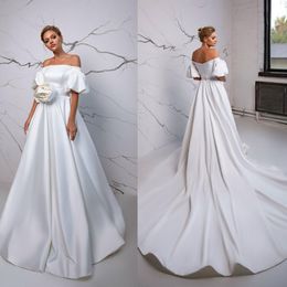 Cheap Simple A Line Wedding Dresses Off Shoulder Short Sleeves Handmade Flowers Satin Bridal Gowns Court Train Wedding Dress Vestidos