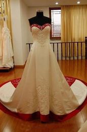 Stunning White And Red Wedding Dresses Cheap Sweetheart Satin Sequins Wedding Dress Bridal Gowns Custom Made