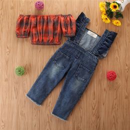 2020 new Baby Summer Clothing 1-6T Fashion Kid Baby Girl Clothes Set Plaid Balloon Sleeve Vest Crop Top Denim Suspender Pants Outfit