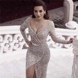 bling bling Evening Dresses backless Mermaid Dubai Luxury side Split Silver Sequine Diamond For Women Long Sleeves Sparkle Sexy Prom Gowns