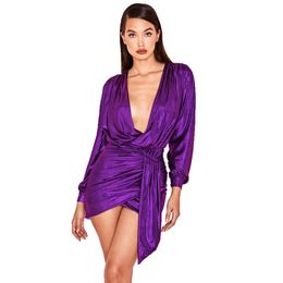 Fashion Women Party Dress Winter Long Sleeve Sexy Deep V Neck Wrap Mini Dress Chic Plus Size Bodycon Pleated Club Dress