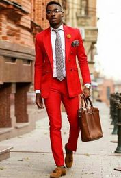 Brand New Red Men Wedding Tuxdos Double-Breasted Groom Tuxedos Excellent Men Jacket Blazer 2 Piece Suit(Jacket+Pants+Tie) 2637