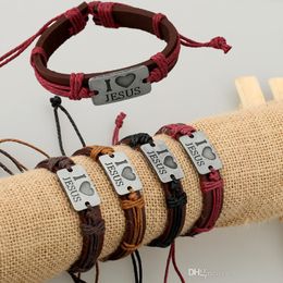 Hot design unisex leather bracelets I love Jesus letter bracelets vintage mens wristband Jewellery